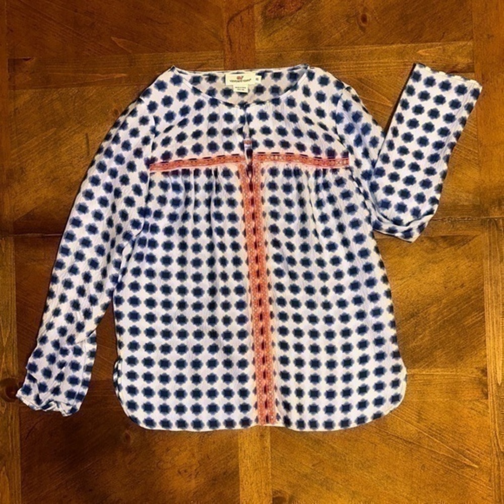 UEC Vineyard Vines 100% Silk Blouse Popover Embroidered Blue/White/Coral Boho XS